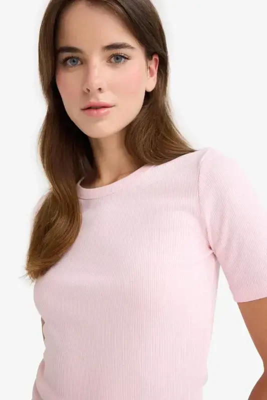 Slim Fit Узкий Крой Велосипед Шея Базовый Гладкий В рубчик Кашкорс Короткий Рукав Футболка-Светло-розовый - 4