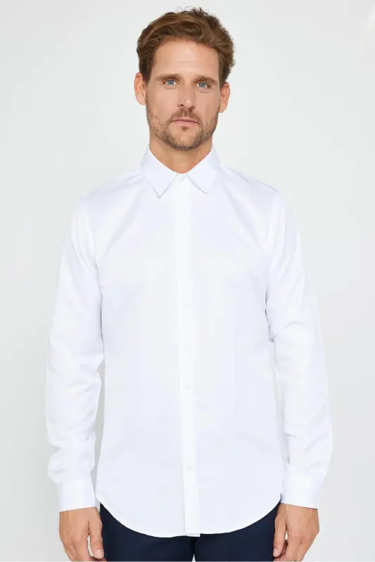 Slim Fit Uzun Kollu Kolay Ütü Teri Emen Nefes Alan Doku Kravatlık Dört Mevsim Beyaz Erkek Gömlek - Beyaz - 10