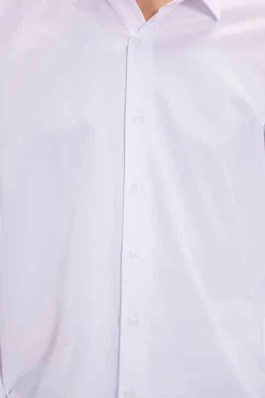 Slim Fit Uzun Kollu Kolay Ütü Teri Emen Nefes Alan Doku Kravatlık Dört Mevsim Beyaz Erkek Gömlek - Beyaz - 5