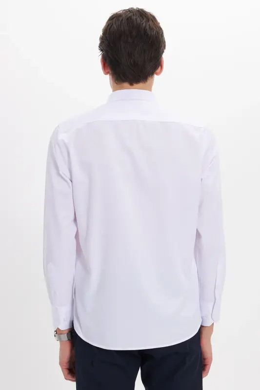 Slim Fit Uzun Kollu Kolay Ütü Teri Emen Nefes Alan Doku Kravatlık Dört Mevsim Beyaz Erkek Gömlek - Beyaz - 7