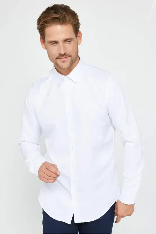 Slim Fit Uzun Kollu Kolay Ütü Teri Emen Nefes Alan Doku Kravatlık Dört Mevsim Beyaz Erkek Gömlek-Beyaz - 1