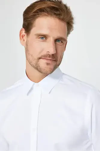 Slim Fit Uzun Kollu Kolay Ütü Teri Emen Nefes Alan Doku Kravatlık Dört Mevsim Beyaz Erkek Gömlek-Beyaz - 3