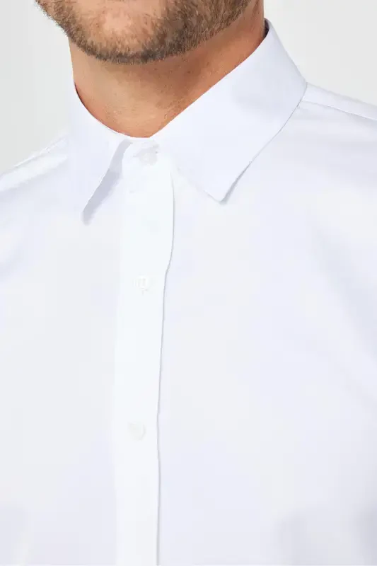 Slim Fit Uzun Kollu Kolay Ütü Teri Emen Nefes Alan Doku Kravatlık Dört Mevsim Beyaz Erkek Gömlek-Beyaz - 4