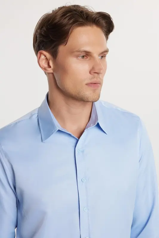 Slim Fit Uzun Kollu Kolay Ütü Teri Emen Nefes Alan Doku Kravatlık Dört Mevsim Mavi Erkek Gömlek - Mavi - 2