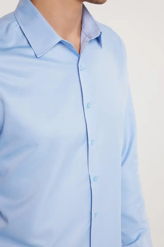 Slim Fit Uzun Kollu Kolay Ütü Teri Emen Nefes Alan Doku Kravatlık Dört Mevsim Mavi Erkek Gömlek - Mavi - 3