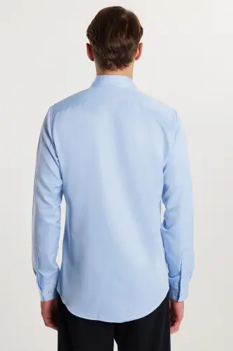 Slim Fit Uzun Kollu Kolay Ütü Teri Emen Nefes Alan Doku Kravatlık Dört Mevsim Mavi Erkek Gömlek - Mavi - 5