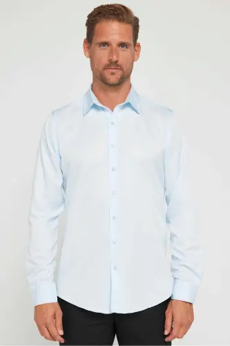 Slim Fit Uzun Kollu Kolay Ütü Teri Emen Nefes Alan Doku Kravatlık Dört Mevsim Mavi Erkek Gömlek-Mavi1 - TUDORS (1)