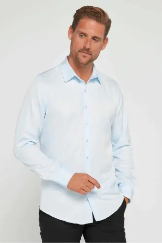 Slim Fit Uzun Kollu Kolay Ütü Teri Emen Nefes Alan Doku Kravatlık Dört Mevsim Mavi Erkek Gömlek - Mavi1 - 1