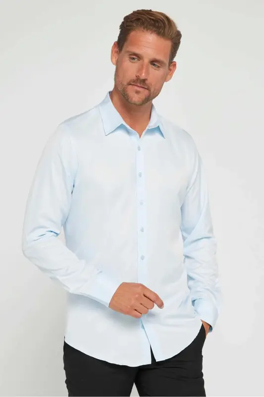 Slim Fit Uzun Kollu Kolay Ütü Teri Emen Nefes Alan Doku Kravatlık Dört Mevsim Mavi Erkek Gömlek - Mavi1 - 1