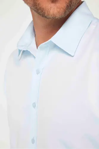 Slim Fit Uzun Kollu Kolay Ütü Teri Emen Nefes Alan Doku Kravatlık Dört Mevsim Mavi Erkek Gömlek - Mavi1 - 4