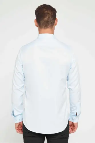 Slim Fit Uzun Kollu Kolay Ütü Teri Emen Nefes Alan Doku Kravatlık Dört Mevsim Mavi Erkek Gömlek - Mavi1 - 5