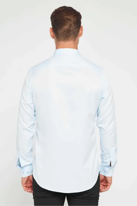 Slim Fit Uzun Kollu Kolay Ütü Teri Emen Nefes Alan Doku Kravatlık Dört Mevsim Mavi Erkek Gömlek - Mavi1 - 5