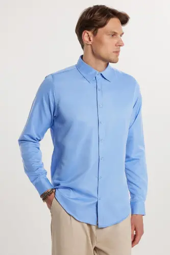 Slim Fit Uzun Kollu Kolay Ütü Teri Emen Nefes Alan Doku Kravatlık Dört Mevsim Mavi Erkek Gömlek - Mavi2 