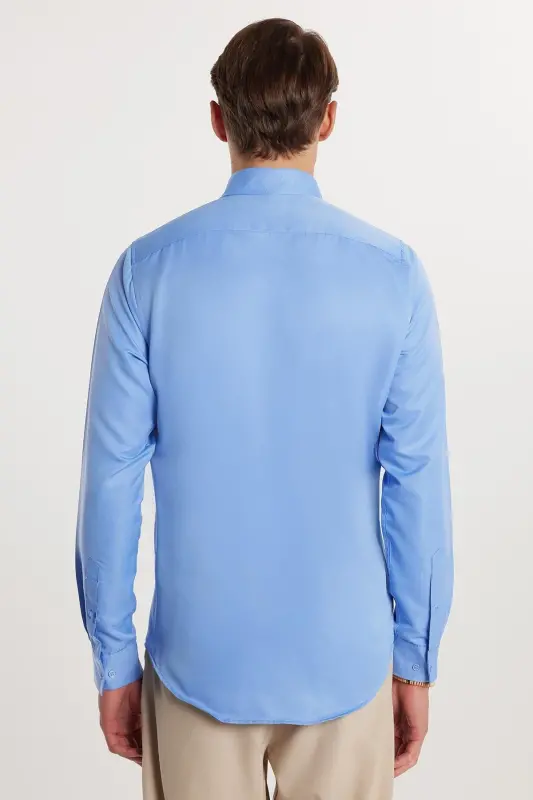 Slim Fit Uzun Kollu Kolay Ütü Teri Emen Nefes Alan Doku Kravatlık Dört Mevsim Mavi Erkek Gömlek - Mavi2 - 6