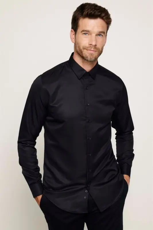 Slim Fit Uzun Kollu Kolay Ütü Teri Emen Nefes Alan Doku Kravatlık Dört Mevsim Siyah Erkek Gömlek - Siyah - 1