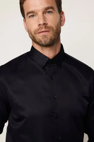 Slim Fit Uzun Kollu Kolay Ütü Teri Emen Nefes Alan Doku Kravatlık Dört Mevsim Siyah Erkek Gömlek - Siyah - 3