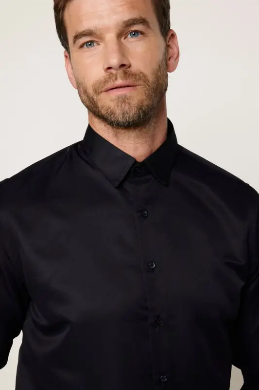 Slim Fit Uzun Kollu Kolay Ütü Teri Emen Nefes Alan Doku Kravatlık Dört Mevsim Siyah Erkek Gömlek - Siyah - 3
