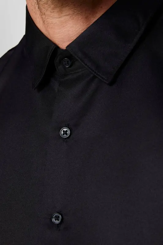 Slim Fit Uzun Kollu Kolay Ütü Teri Emen Nefes Alan Doku Kravatlık Dört Mevsim Siyah Erkek Gömlek - Siyah - 4