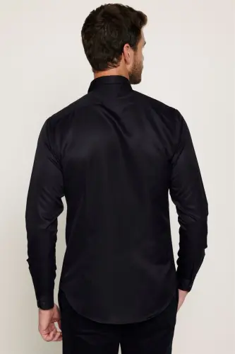 Slim Fit Uzun Kollu Kolay Ütü Teri Emen Nefes Alan Doku Kravatlık Dört Mevsim Siyah Erkek Gömlek - Siyah - 5