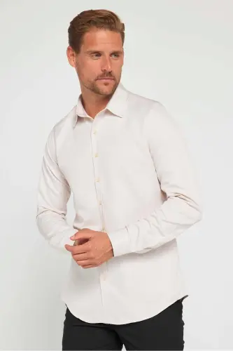 Slim Fit Uzun Kollu Kolay Ütü Teri Emen Nefes Alan Doku Kravatlık Dört Mevsim Taş Renk Erkek Gömlek - Taş 