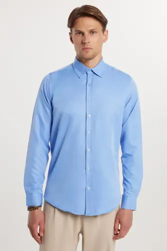 Slim Fit Uzun Kollu Oson Dazmollanadigan Ter emadigan Nafas oladigan To‘qima Galstuk taqiladigan To‘rt fasl Moviy Erkaklar ko‘ylagi - Moviy2 - 10