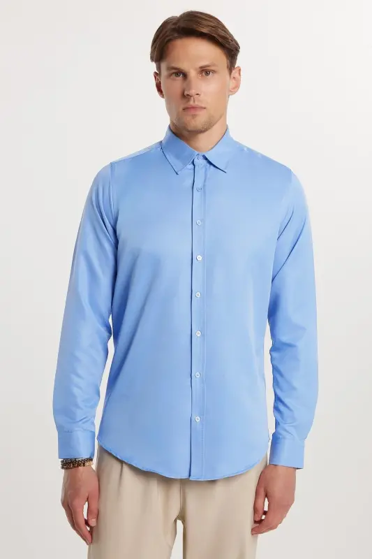 Slim Fit Uzun Kollu Oson Dazmollanadigan Ter emadigan Nafas oladigan To‘qima Galstuk taqiladigan To‘rt fasl Moviy Erkaklar ko‘ylagi - Moviy2 - 10