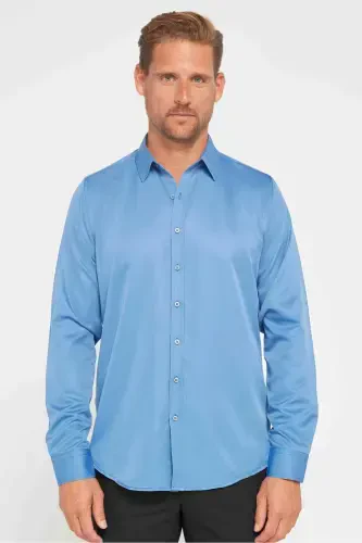 Slim Fit Uzun Kollu Oson Dazmollanadigan Ter Emadigan Nafas Oluvchi To'qima Galstuk Taquvchi To'rt Faslli Indigo Erkaklar Ko'ylagi-Indigo - TUDORS (1)