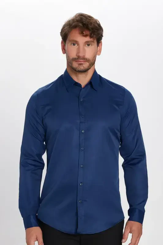 Slim Fit Uzun Yengli Oson Temirlash Teri So'ruvchi Nafas Oluvchi To'qimalı Galstukli To'rt Fasl Ko'k Erkak Ko'ylak - 3