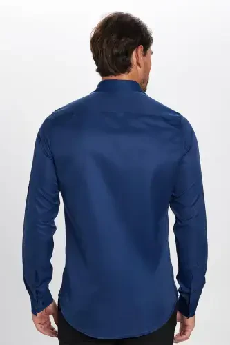 Slim Fit Uzun Yengli Oson Temirlash Teri So'ruvchi Nafas Oluvchi To'qimalı Galstukli To'rt Fasl Ko'k Erkak Ko'ylak - 5