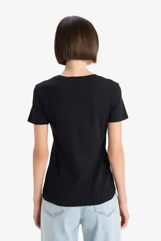 Slim Fit V-Neck Basic Plain Ribbed Short Sleeve T-Shirt-Black - 6