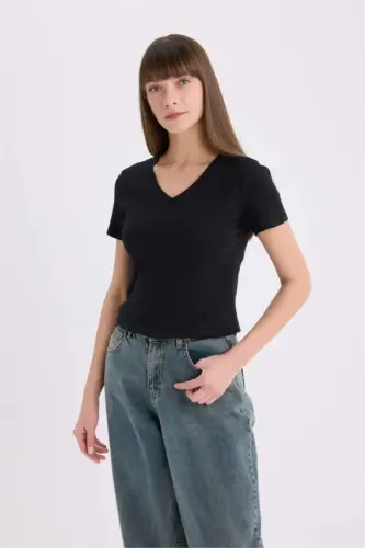 Slim Fit V-Neck Basic Plain Ribbed Short Sleeve T-Shirt-Black - 1