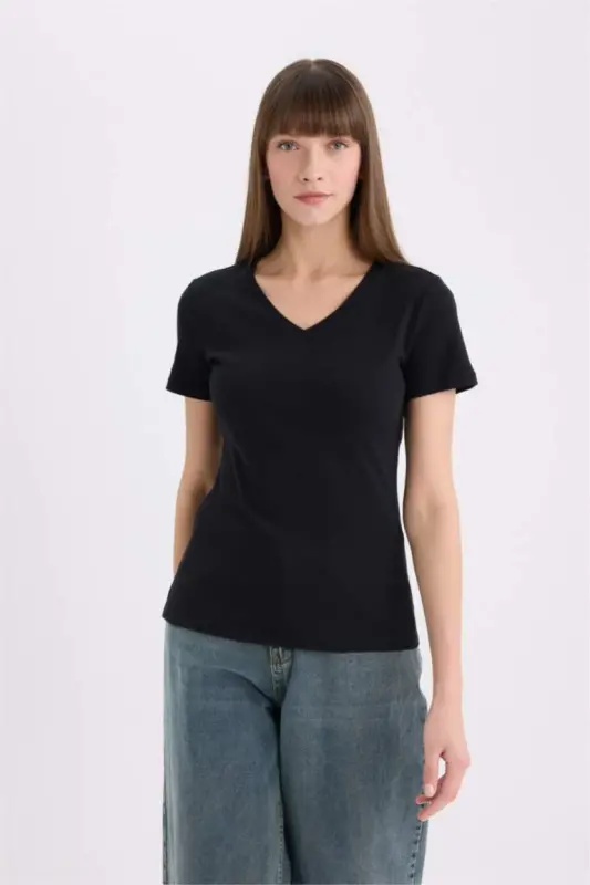 Slim Fit V-Neck Basic Plain Ribbed Short Sleeve T-Shirt-Black - 3
