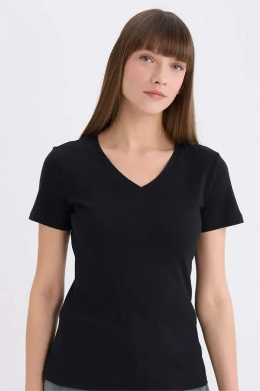 Slim Fit V-Neck Basic Plain Ribbed Short Sleeve T-Shirt-Black - 4