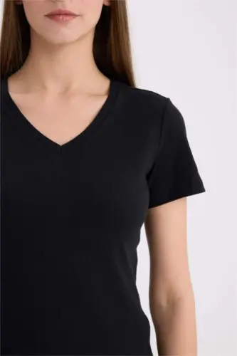 Slim Fit V-Neck Basic Plain Ribbed Short Sleeve T-Shirt-Black - 5
