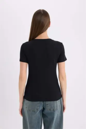 Slim Fit V-Neck Basic Plain Ribbed Short Sleeve T-Shirt-Black - 6