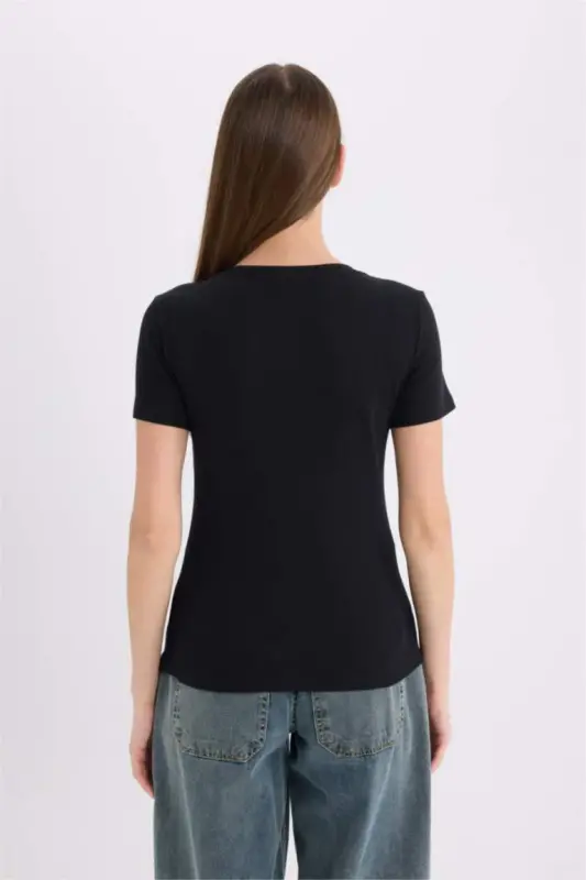 Slim Fit V-Neck Basic Plain Ribbed Short Sleeve T-Shirt-Black - 6
