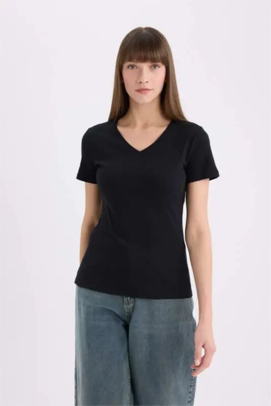 Slim Fit V-Neck Basic Plain Ribbed Short Sleeve T-Shirt-Black - 3