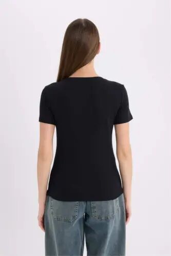 Slim Fit V-Neck Basic Plain Ribbed Short Sleeve T-Shirt-Black - 6