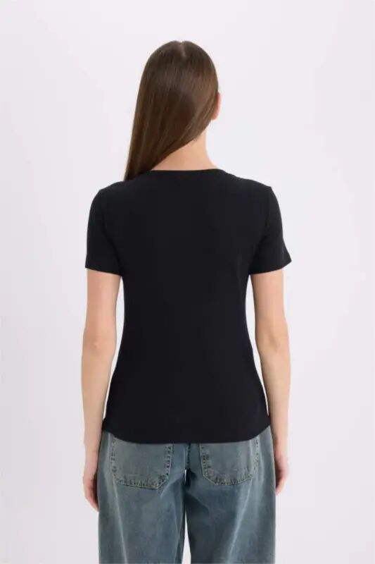 Slim Fit V-Neck Basic Plain Ribbed Short Sleeve T-Shirt-Black - 6