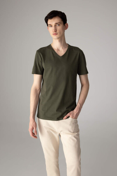 Slim Fit V-Neck Basic Short Sleeve 100% Cotton T-Shirt Khaki - 1