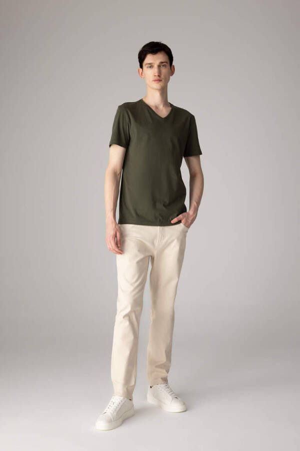 Slim Fit V-Neck Basic Short Sleeve 100% Cotton T-Shirt Khaki - 2