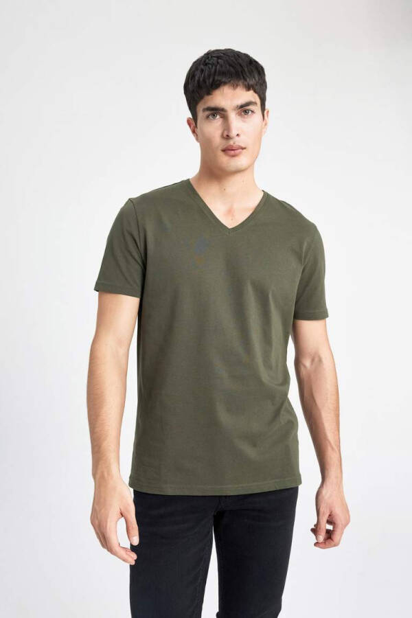 Slim Fit V-Neck Basic Short Sleeve 100% Cotton T-Shirt Khaki - 5