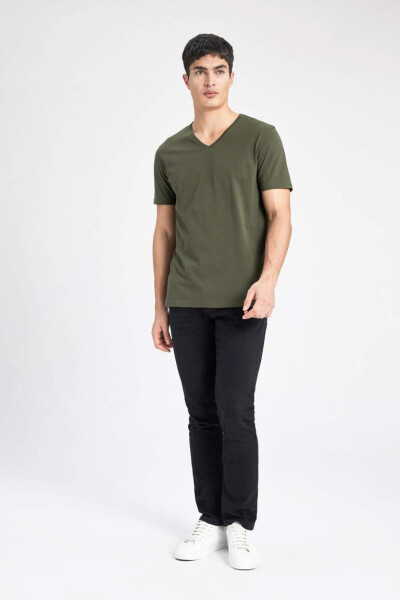 Slim Fit V-Neck Basic Short Sleeve 100% Cotton T-Shirt Khaki - 6