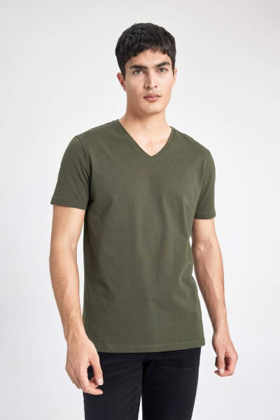 Slim Fit V-Neck Basic Short Sleeve 100% Cotton T-Shirt Khaki - 7