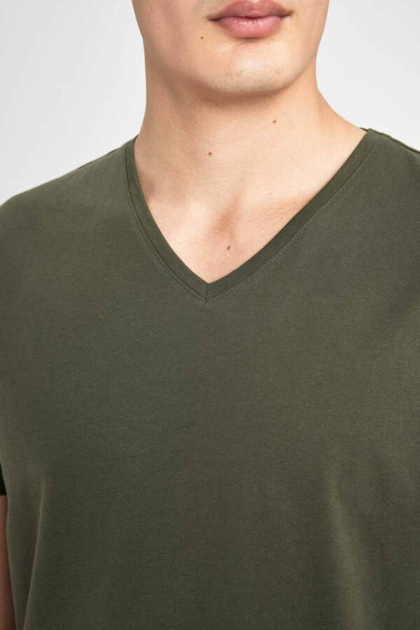 Slim Fit V-Neck Basic Short Sleeve 100% Cotton T-Shirt Khaki - 8