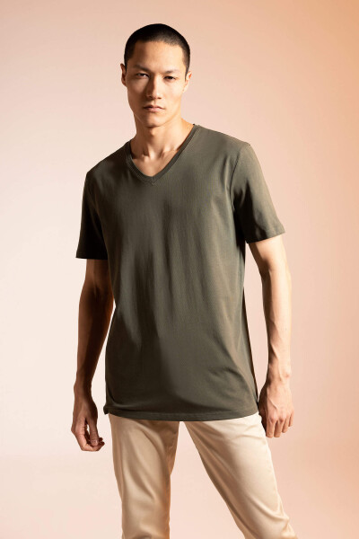 Slim Fit V-Neck Basic Short Sleeve 100% Cotton T-Shirt Khaki - 12