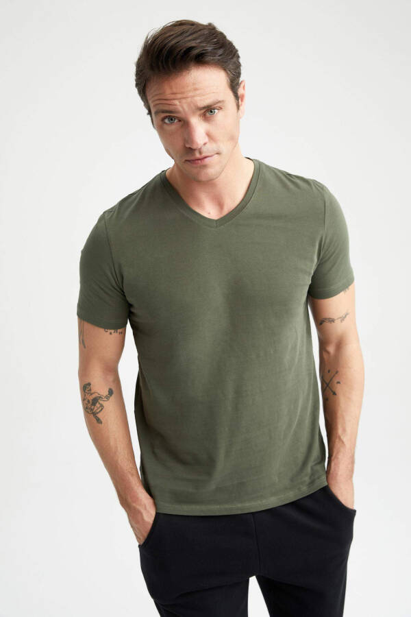 Slim Fit V-Neck Basic Short Sleeve 100% Cotton T-Shirt Khaki - 15