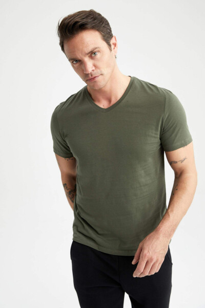 Slim Fit V-Neck Basic Short Sleeve 100% Cotton T-Shirt Khaki - 17