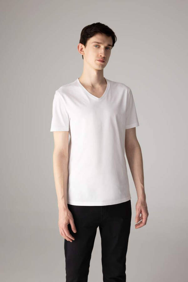 Slim Fit V-Neck Basic Short Sleeve 100% Cotton T-Shirt White - 2