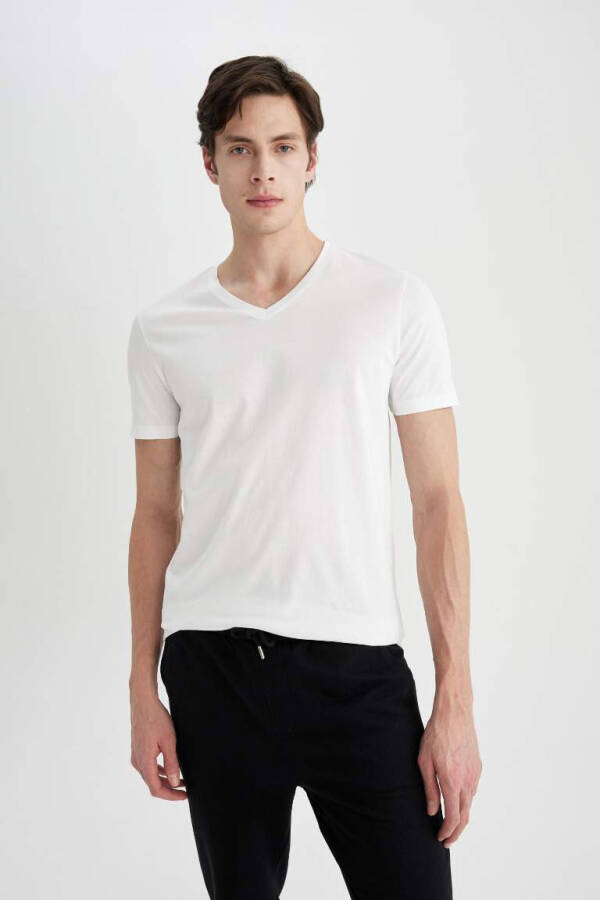 Slim Fit V-Neck Basic Short Sleeve 100% Cotton T-Shirt White - 5